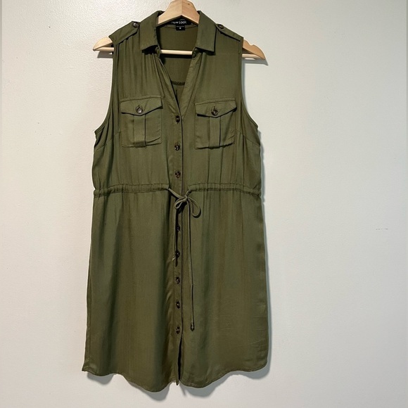New Look Sleeveless Olive Green Button-Down Dress with Drawstring Waist - Med - Picture 2 of 8